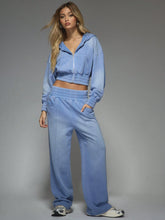 MISSGUIDED Washed Denim Look Fitted Waist Zip Through Crop Hoodie And Wide Leg Sweatpants Two Piece Co Ord Tracksuit